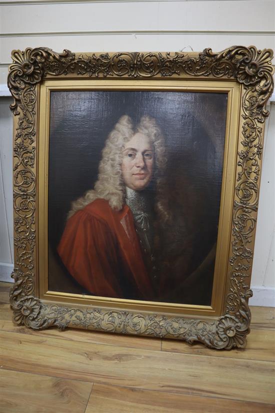 Early 18th century English School, oil on canvas, Portrait of a gentleman wearing a lace stock, 74 x 62cm